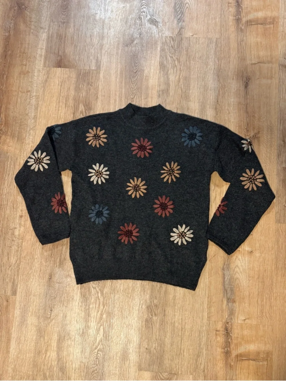 CHARLIE B Charcoal Crewneck Sweater with Multicolor Floral Embroidery - Picture 2 of 11